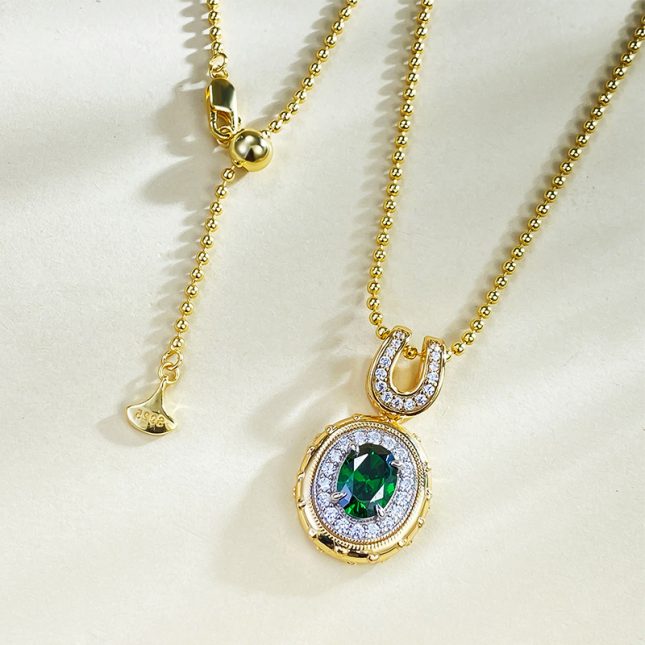 Women's S925 Silver Gold-Plated Bohemian Style Green Zirconium Oval Pendant Necklace (6x8mm) - Image 4
