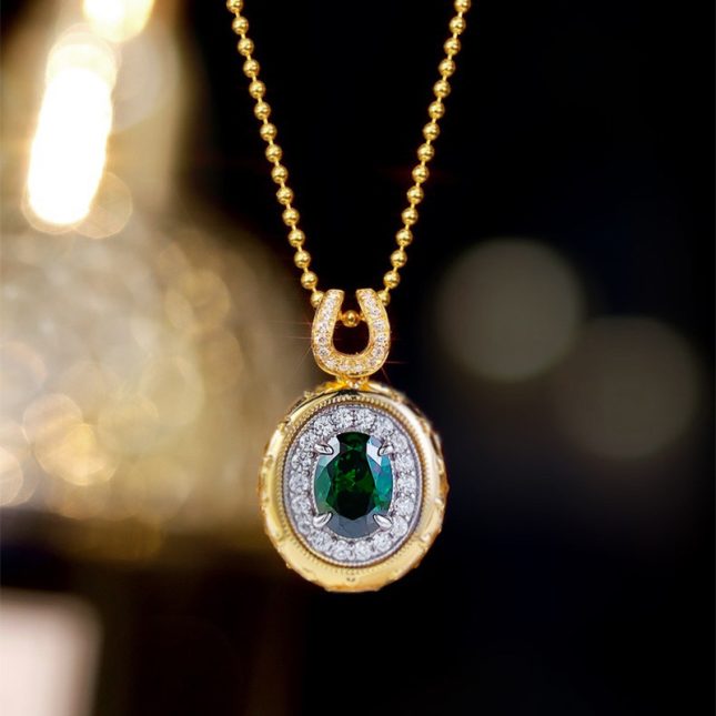 Women's S925 Silver Gold-Plated Bohemian Style Green Zirconium Oval Pendant Necklace (6x8mm) - Image 2