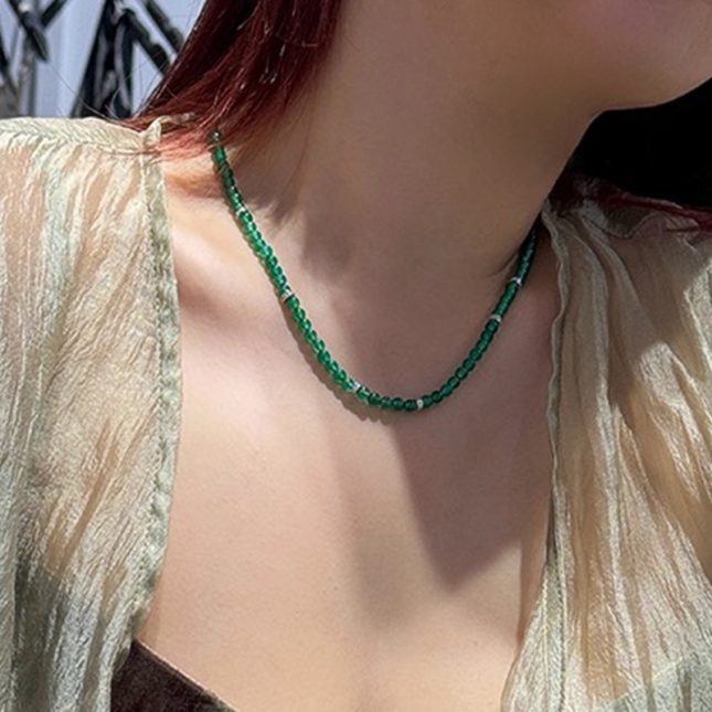 Women's S925 Silver Green Chalcedony Beads Necklace with Ice-Type Imperial Green Silver Inlaid Pendant – 6.0mm - Image 3