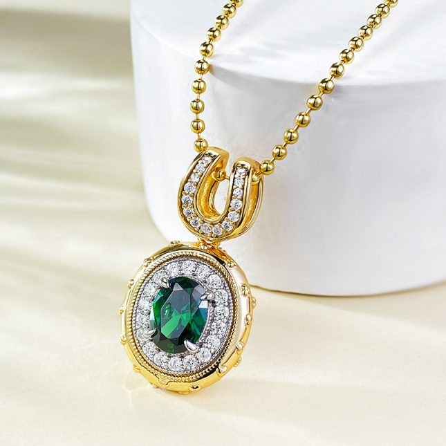 Women's S925 Silver Gold-Plated Bohemian Style Green Zirconium Oval Pendant Necklace (6x8mm) - Image 3