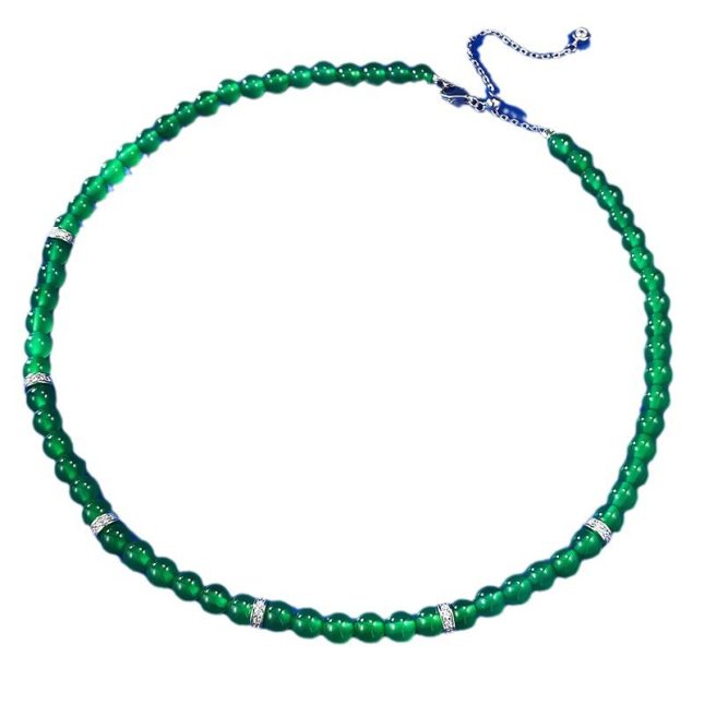 Women's S925 Silver Green Chalcedony Beads Necklace with Ice-Type Imperial Green Silver Inlaid Pendant – 6.0mm