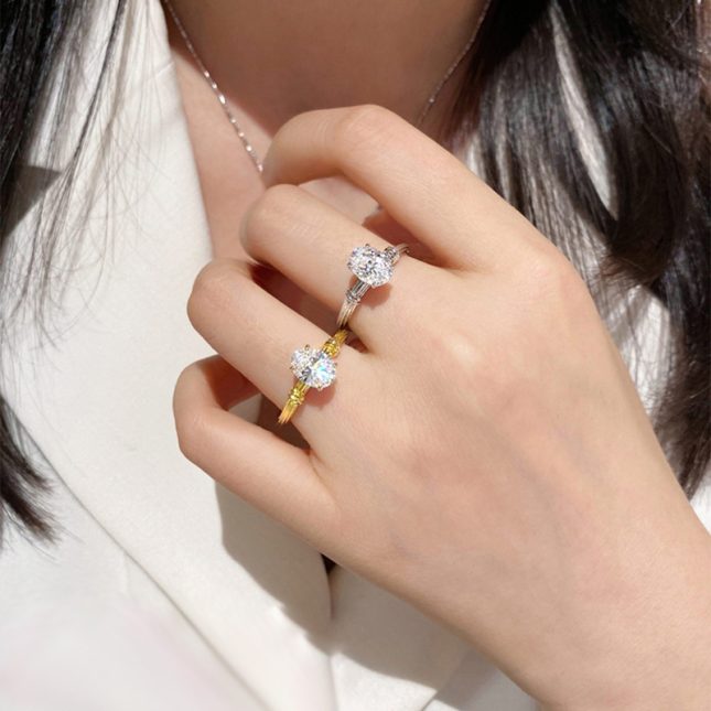 Women's S925 Silver Gold-Plated Oval 6x8mm Diamond Solitaire Ring - Image 4