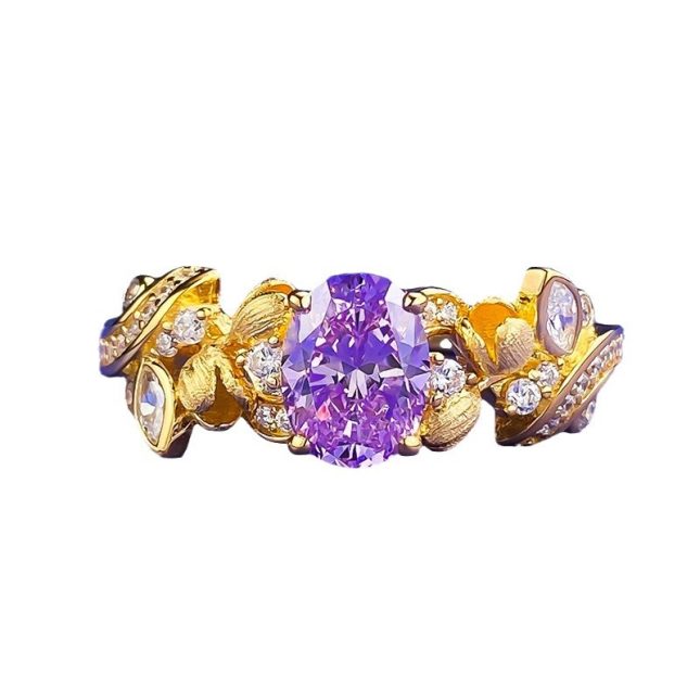 Women's S925 Silver Bauhinia Fairy 6x8mm Fantasy Purple Brushed Flower Bud Ring