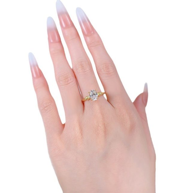 Women's S925 Silver Gold-Plated Oval 6x8mm Diamond Solitaire Ring