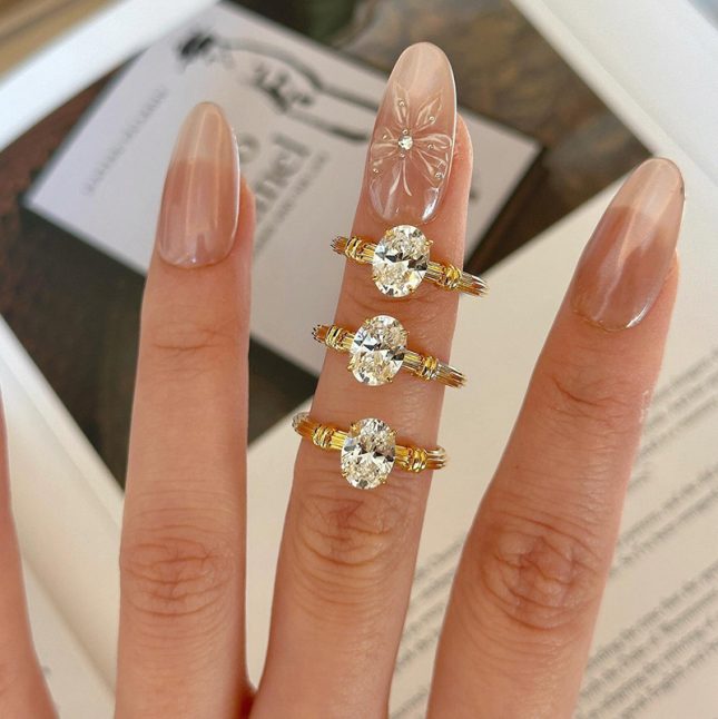 Women's S925 Silver Gold-Plated Oval 6x8mm Diamond Solitaire Ring - Image 2