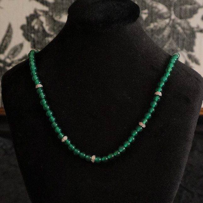 Women's S925 Silver Green Chalcedony Beads Necklace with Ice-Type Imperial Green Silver Inlaid Pendant – 6.0mm - Image 2