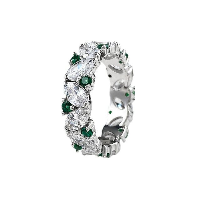 Women's S925 Silver Oval Green Spinel & High Carbon Diamond Egg-Shaped Ring