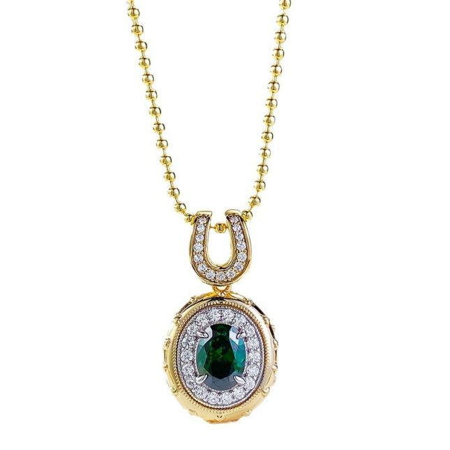 Women's S925 Silver Gold-Plated Bohemian Style Green Zirconium Oval Pendant Necklace (6x8mm)