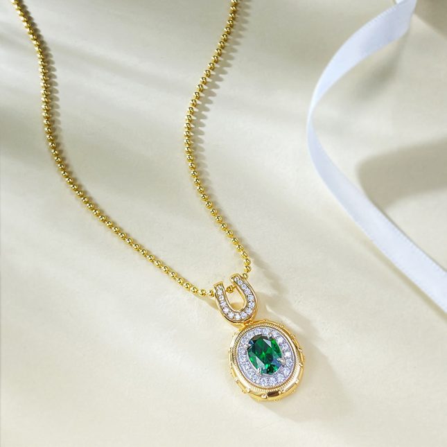 Women's S925 Silver Gold-Plated Bohemian Style Green Zirconium Oval Pendant Necklace (6x8mm) - Image 5